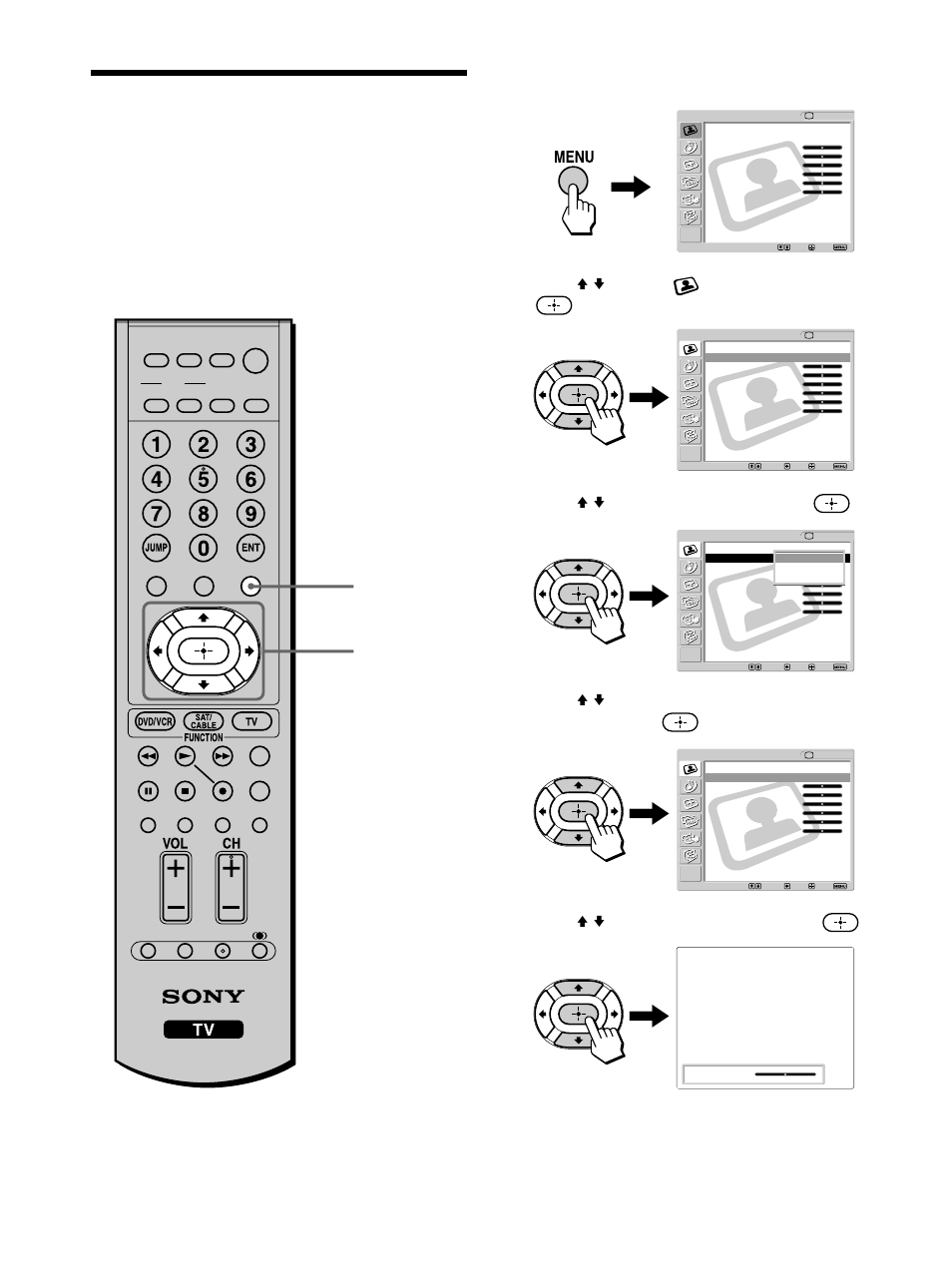 Adjusting the picture quality, Press menu, Press v/v to select (video), then press | Press v/v to select “mode,” then press, Press v/v to select “picture,” then press | Sony KLV-32M1 User Manual | Page 60 / 80