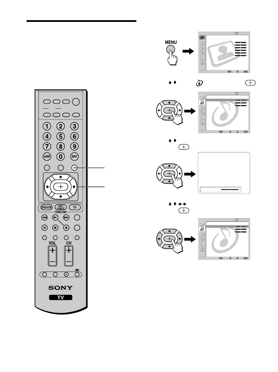 Adjusting the sound quality, Press menu, Press v/v to select (audio), then press | Sony KLV-32M1 User Manual | Page 62 / 80