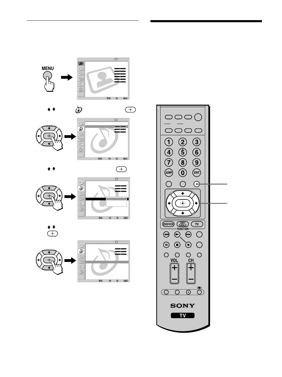 Selecting stereo or bilingual, Programs using the menu, Selecting the tv speakers or an external | Amplifier to listen to the tv, Press menu, Press v/v to select (audio), then press, Press v/v to select “mts,” then press, Press menu to exit the menu screen | Sony KLV-32M1 User Manual | Page 64 / 80