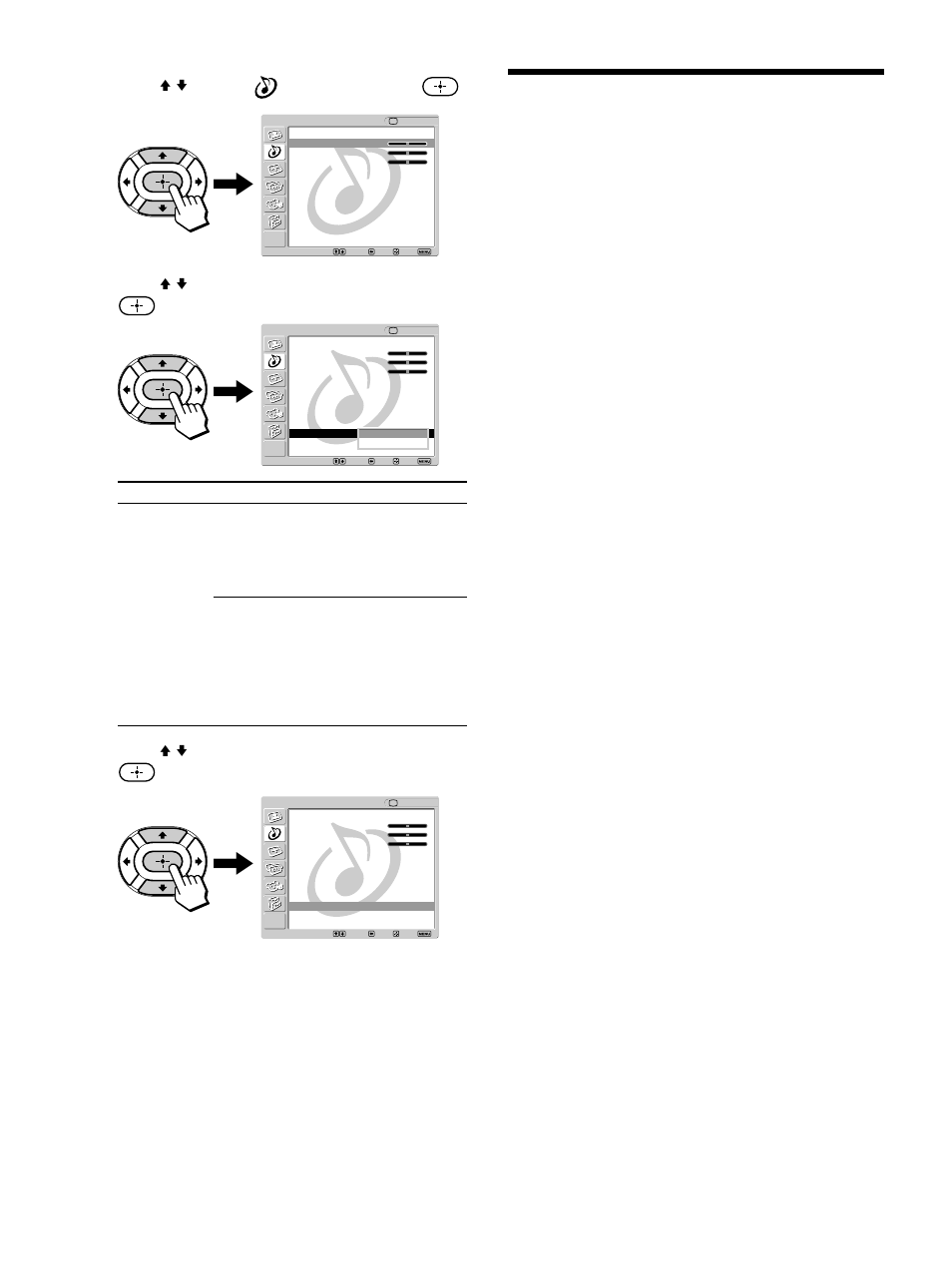 Using the parental control feature, Press v/v to select (audio), then press, Press v/v to select “audio out,” then press | Press v/v to select the desired option, then press, Press menu to exit the menu screen | Sony KLV-32M1 User Manual | Page 66 / 80