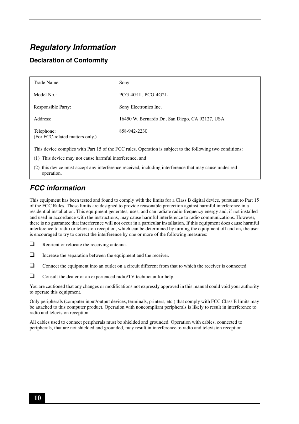 Regulatory information, Fcc information, Declaration of conformity | Sony VGN-TX790P User Manual | Page 10 / 24