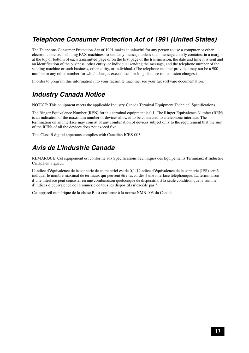 Industry canada notice, Avis de l’industrie canada | Sony VGN-TX790P User Manual | Page 13 / 24