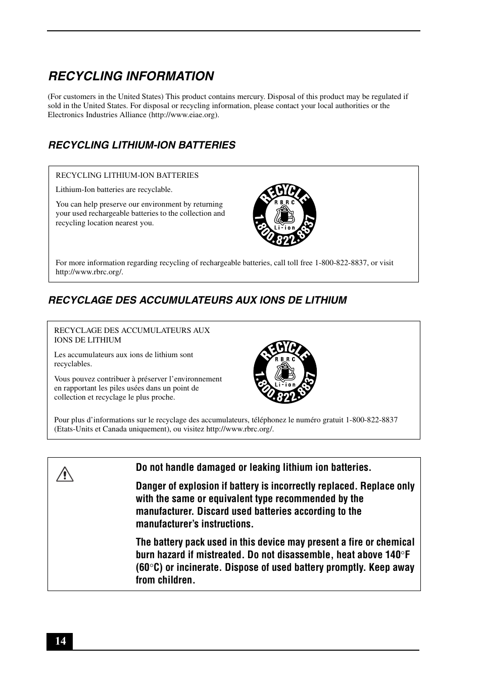 Recycling information | Sony VGN-TX790P User Manual | Page 14 / 24