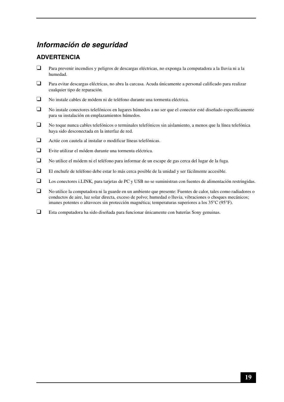 Información de seguridad | Sony VGN-TX790P User Manual | Page 19 / 24