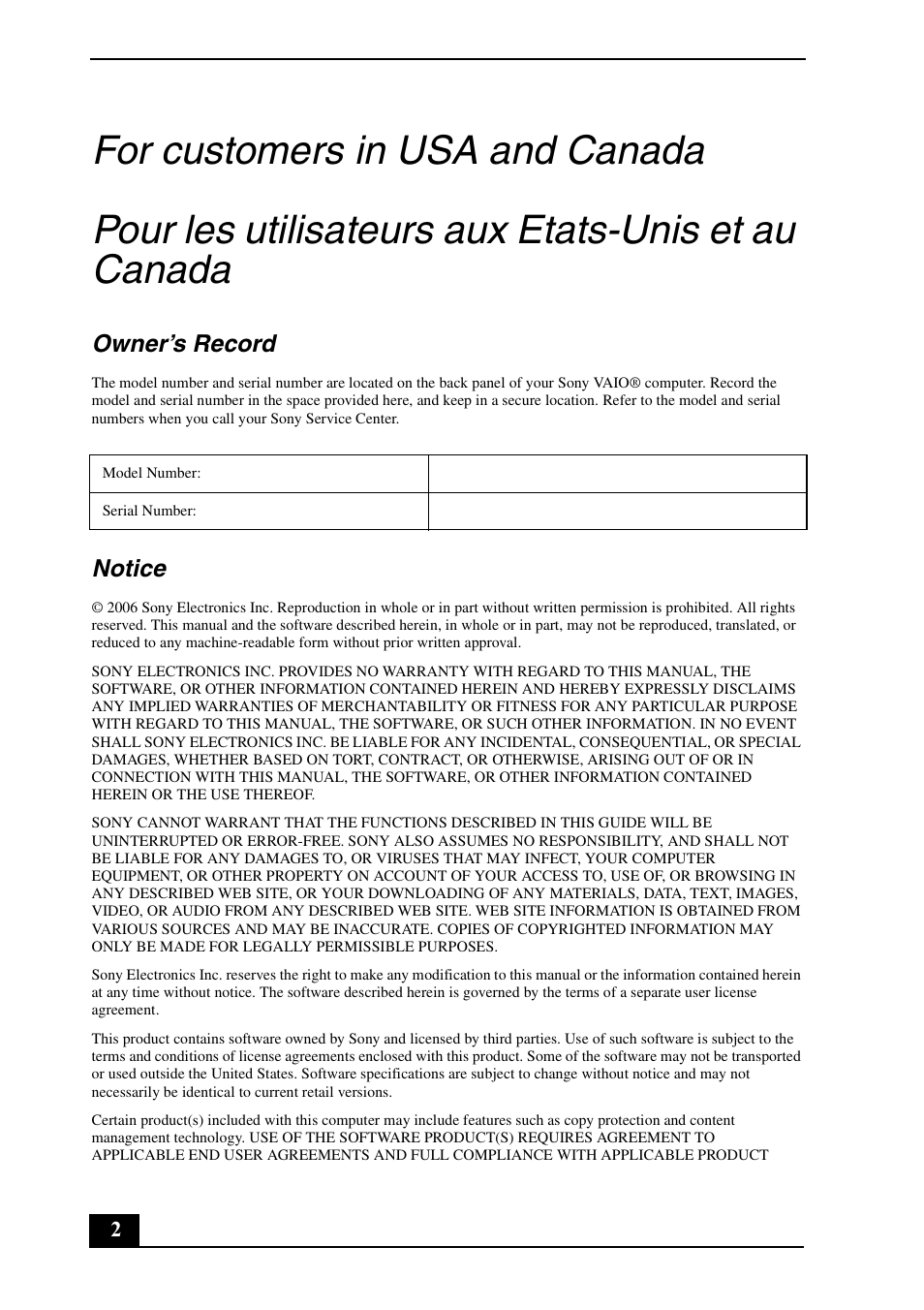 Owner’s record, Notice | Sony VGN-TX790P User Manual | Page 2 / 24