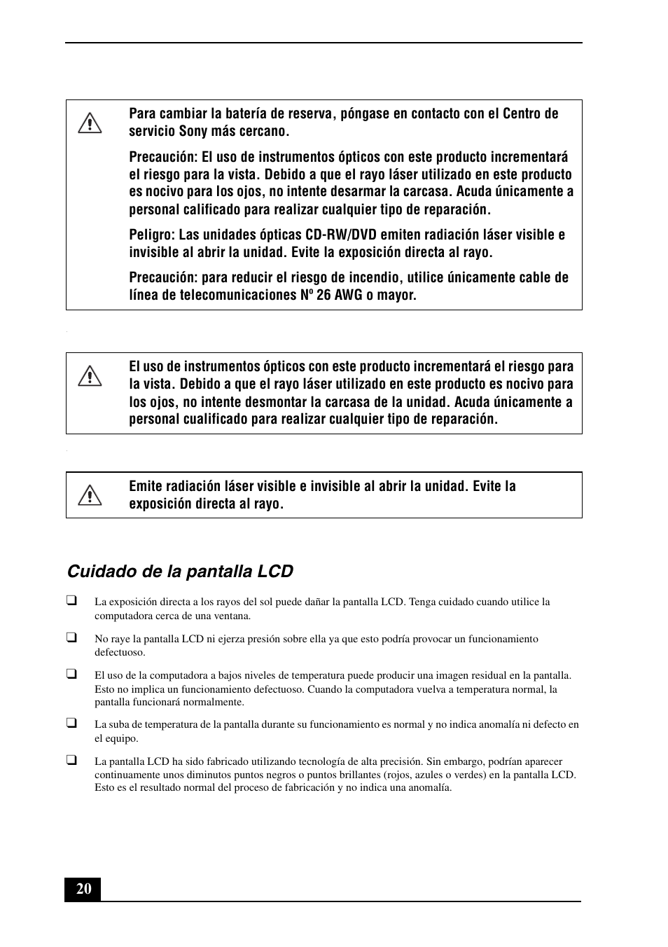 Cuidado de la pantalla lcd | Sony VGN-TX790P User Manual | Page 20 / 24