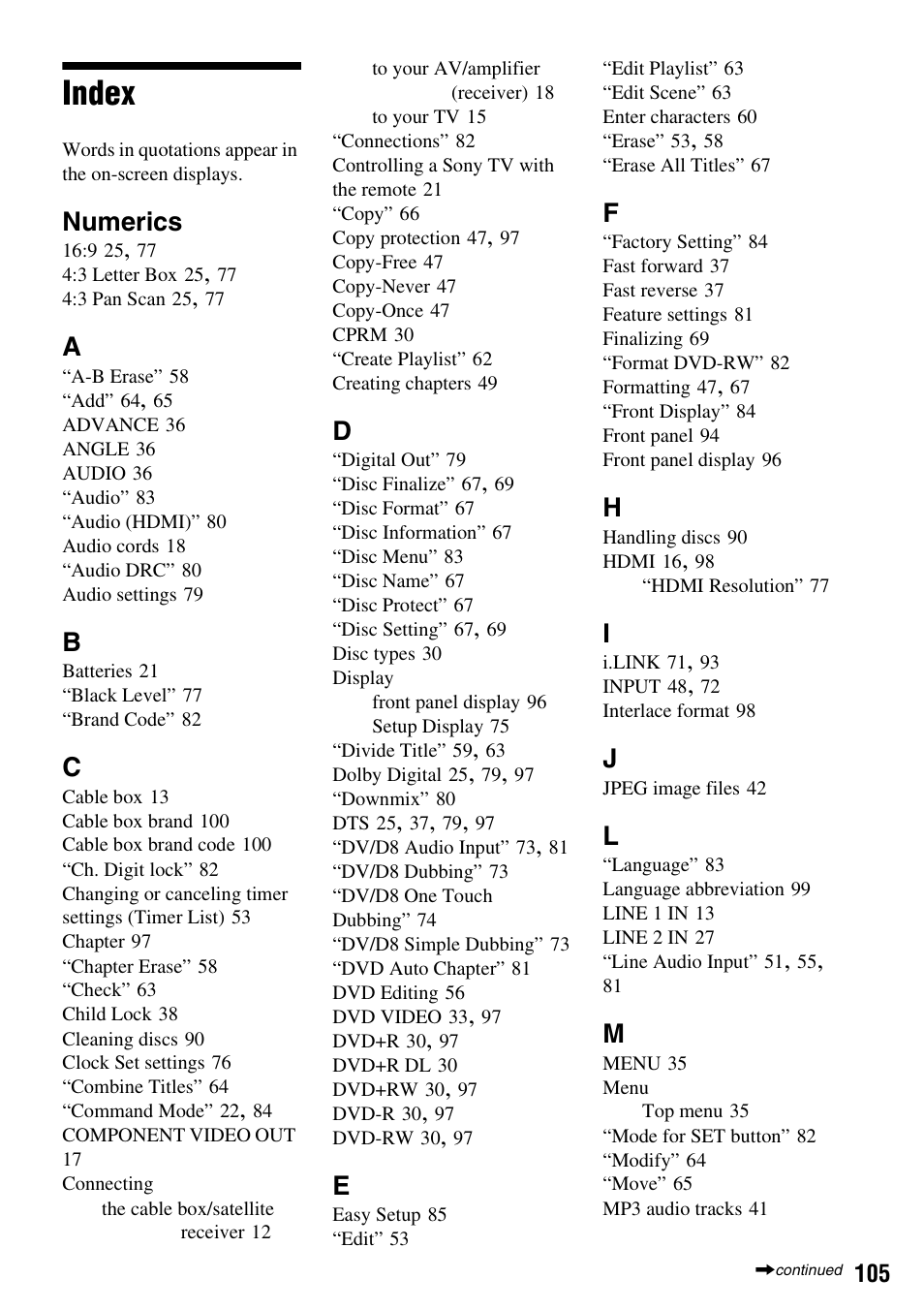 Index, Numerics | Sony RDR-GX255 User Manual | Page 105 / 128