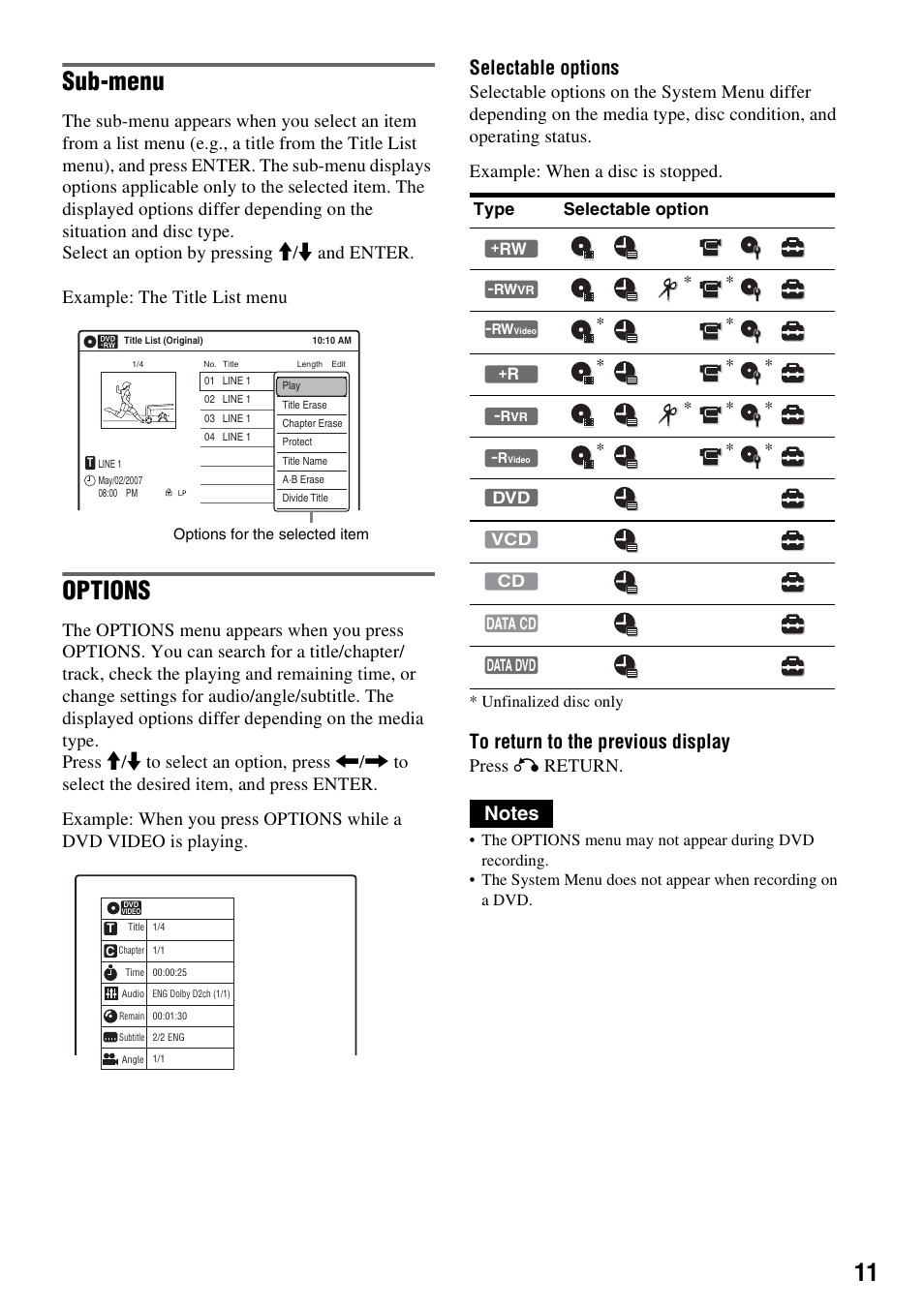 Sub-menu, Options, Selectable options | Press o return | Sony RDR-GX255 User Manual | Page 11 / 128