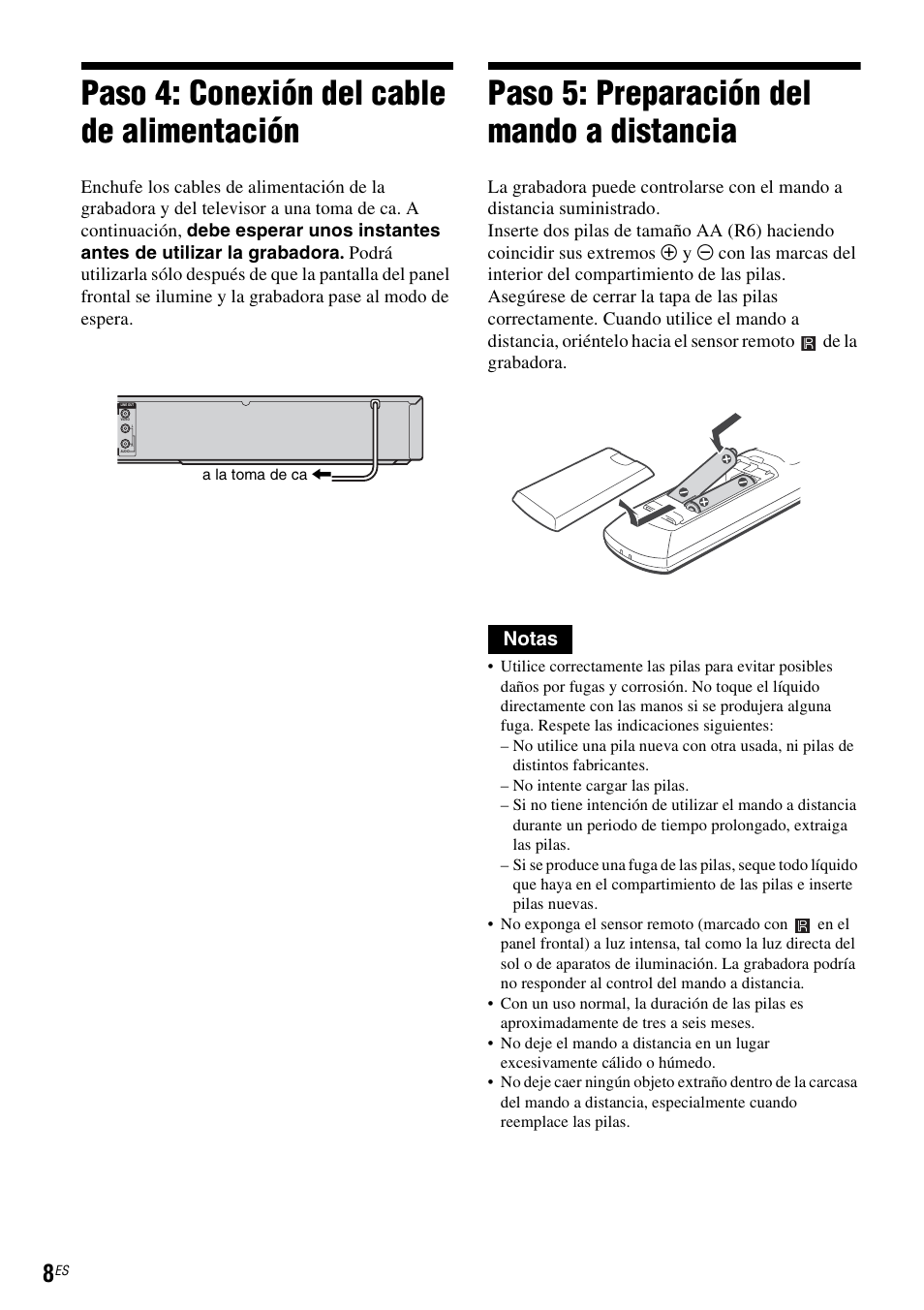 Paso 4: conexión del cable de alimentación, Paso 5: preparación del mando a distancia, Notas | Sony RDR-GX255 User Manual | Page 114 / 128