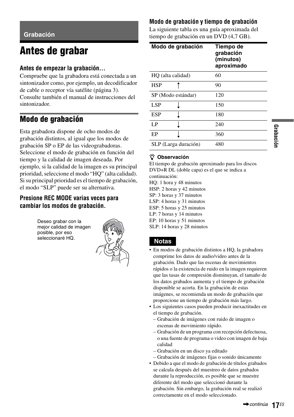 Grabación, Antes de grabar, Modo de grabación | Sony RDR-GX255 User Manual | Page 123 / 128