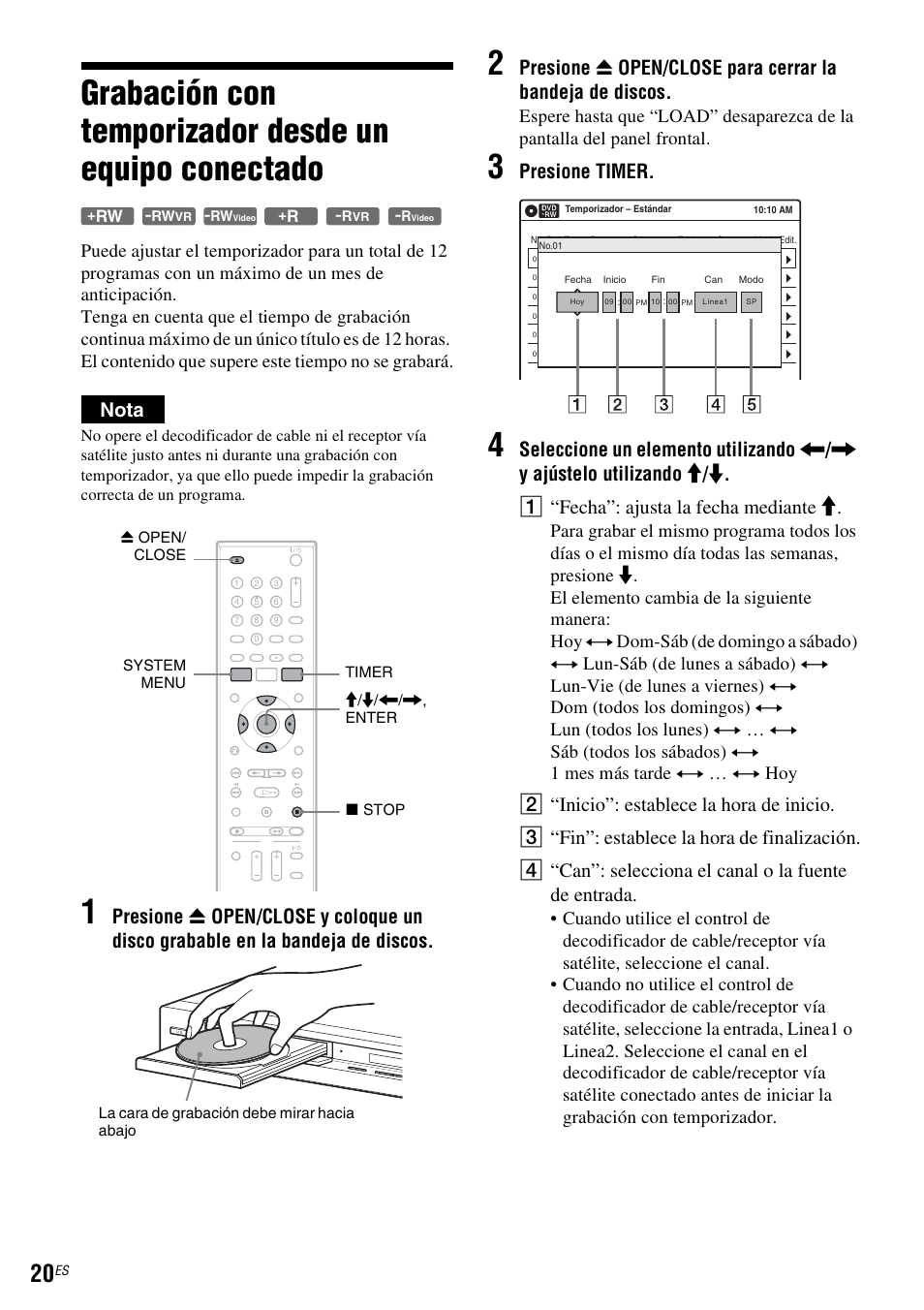 Nota, Presione timer | Sony RDR-GX255 User Manual | Page 126 / 128