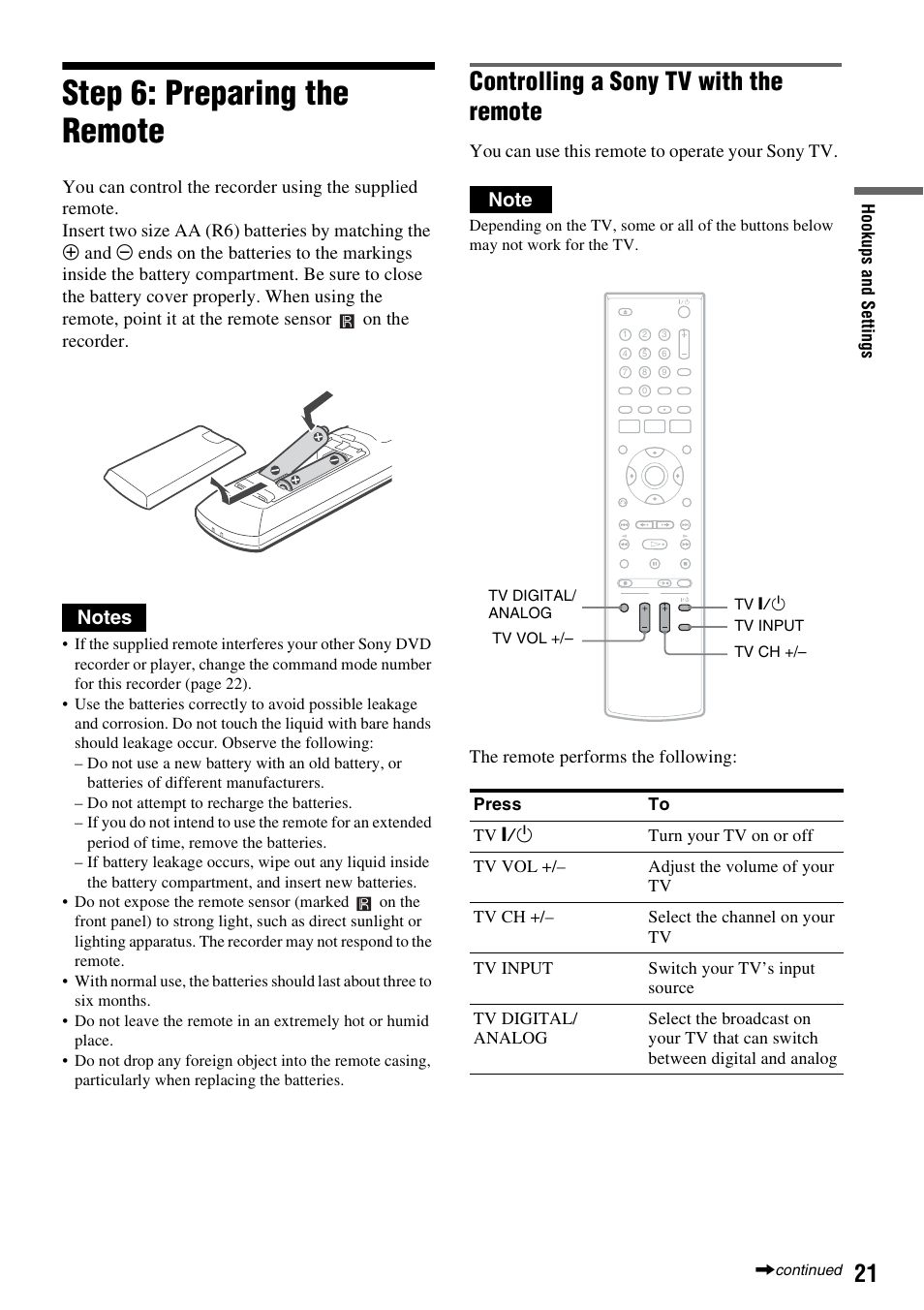 Step 6: preparing the remote, Controlling a sony tv with the remote, You can use this remote to operate your sony tv | The remote performs the following | Sony RDR-GX255 User Manual | Page 21 / 128