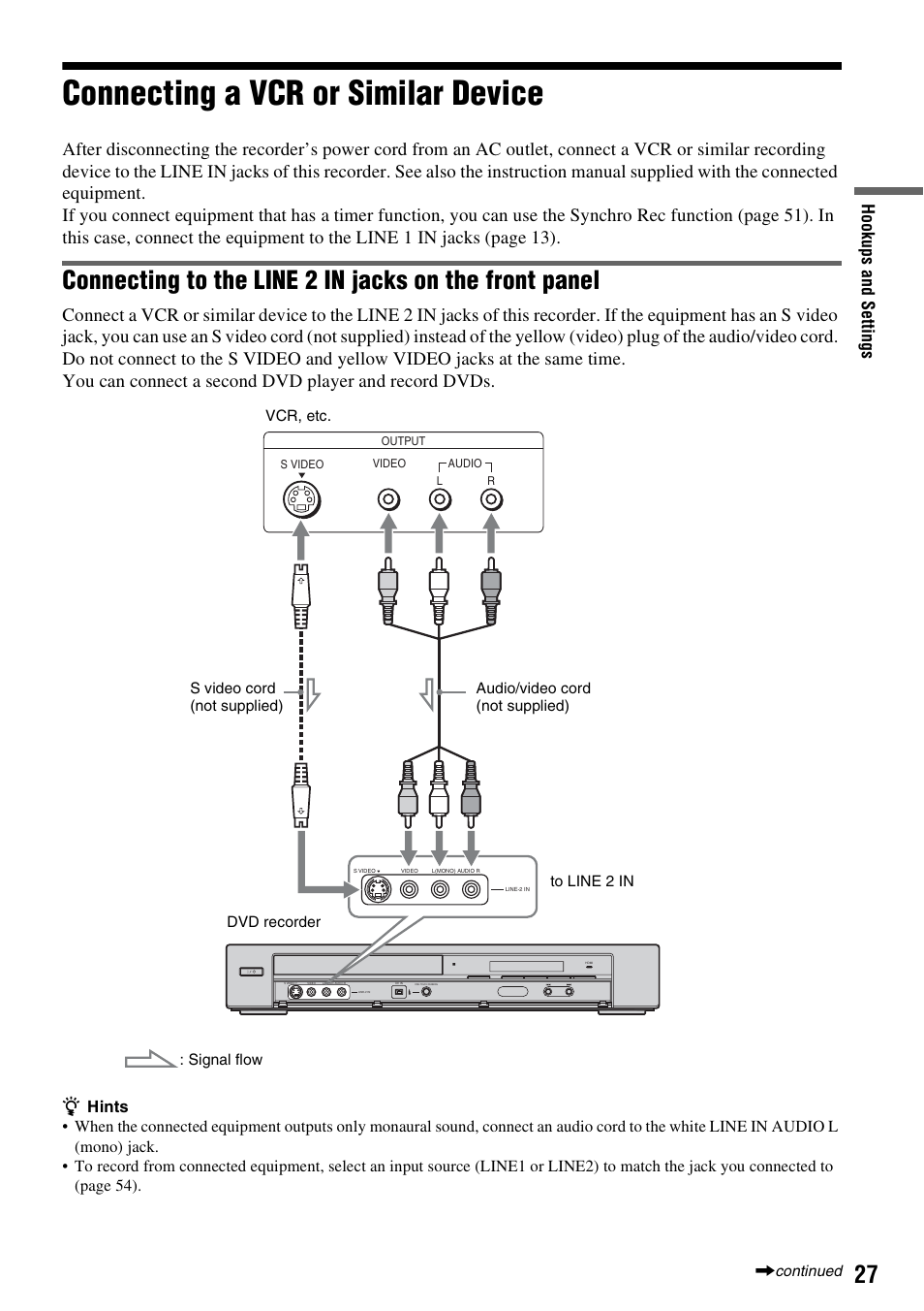 Connecting a vcr or similar device, Hook ups and se tti n gs | Sony RDR-GX255 User Manual | Page 27 / 128