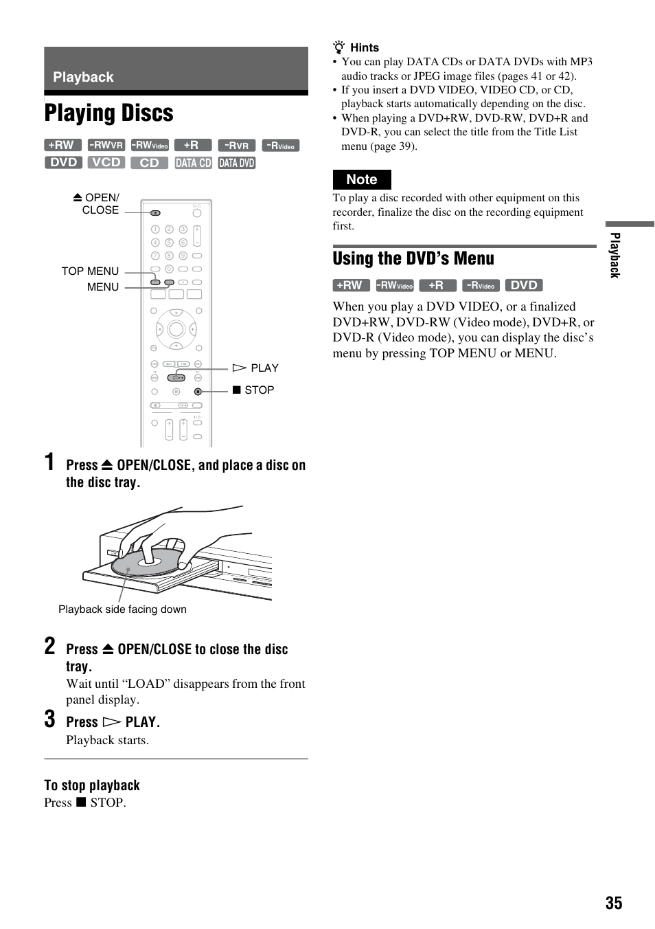 Playback, Playing discs, Playing discs 1 | Using the dvd’s menu, Press z open/close to close the disc tray, Press h play, Playback starts, Press x stop | Sony RDR-GX255 User Manual | Page 35 / 128