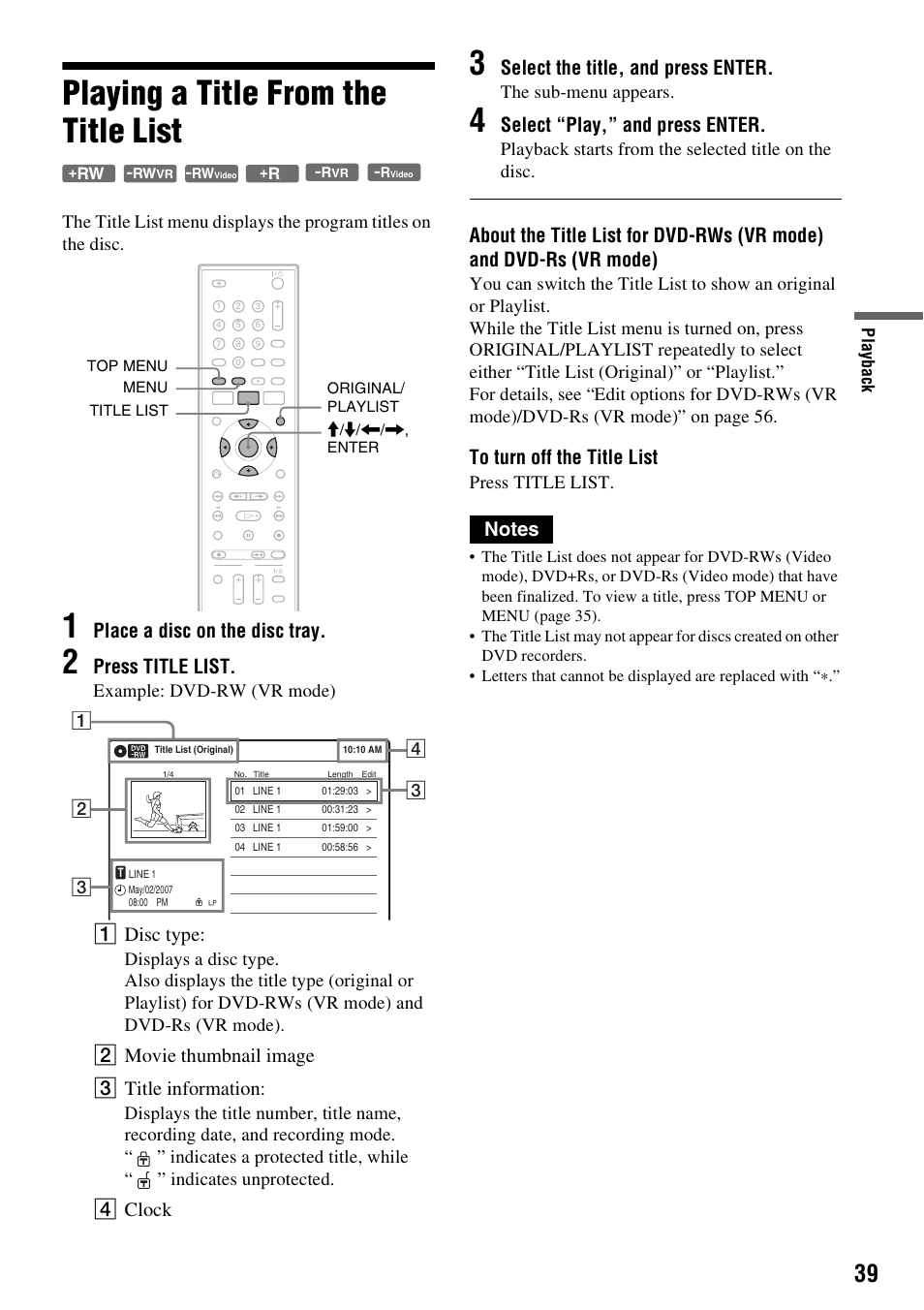 Playing a title from the title list, Place a disc on the disc tray, Press title list | A disc type, B movie thumbnail image c title information, D clock, Select the title, and press enter, Select “play,” and press enter, Example: dvd-rw (vr mode), The sub-menu appears | Sony RDR-GX255 User Manual | Page 39 / 128