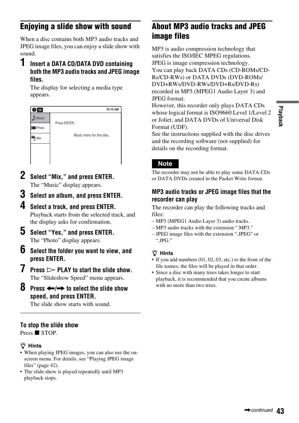 Enjoying a slide show with sound, About mp3 audio tracks and jpeg image files | Sony RDR-GX255 User Manual | Page 43 / 128