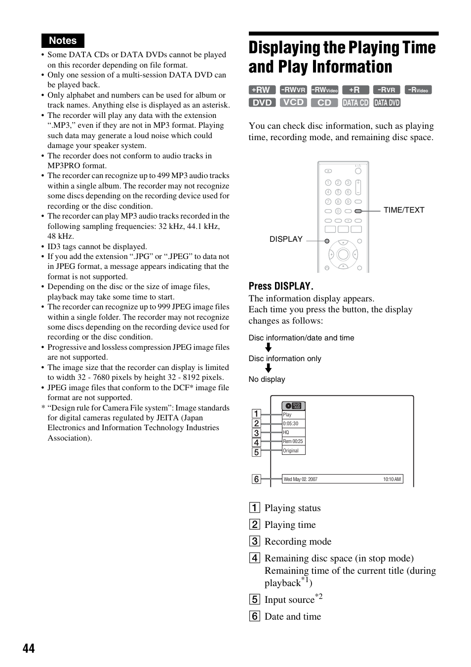 Displaying the playing time and play information, Press display, E input source | F date and time | Sony RDR-GX255 User Manual | Page 44 / 128