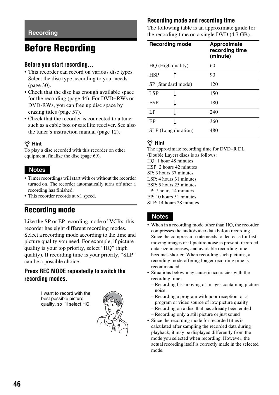 Recording, Before recording, Recording mode | Sony RDR-GX255 User Manual | Page 46 / 128