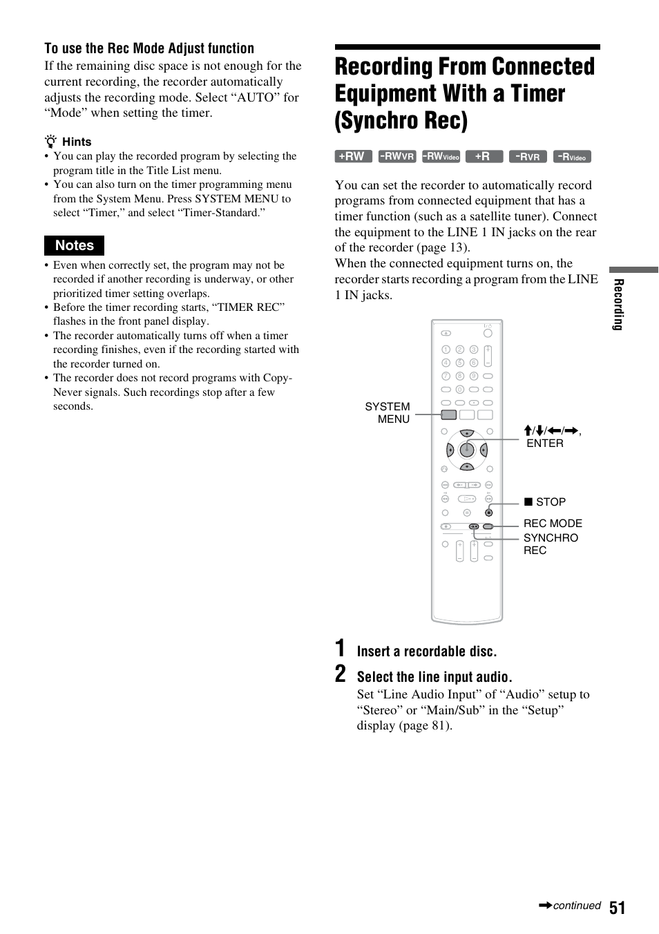 Insert a recordable disc, Select the line input audio | Sony RDR-GX255 User Manual | Page 51 / 128