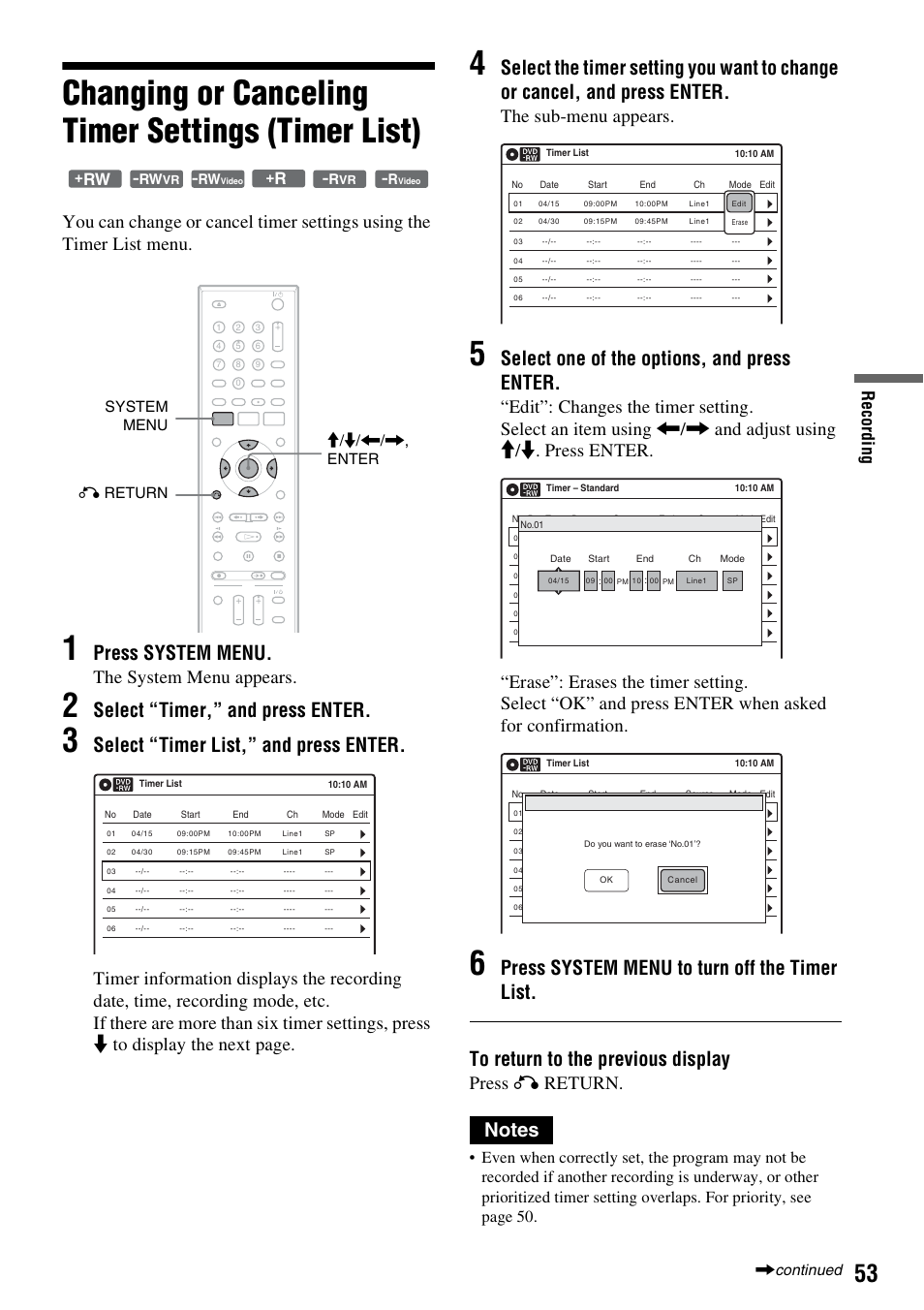 Changing or canceling timer settings (timer list), Press system menu, Select “timer,” and press enter | Select “timer list,” and press enter, Select one of the options, and press enter, The system menu appears, The sub-menu appears, Press o return, Re co rd in g, System menu m/m/</,, enter o return | Sony RDR-GX255 User Manual | Page 53 / 128