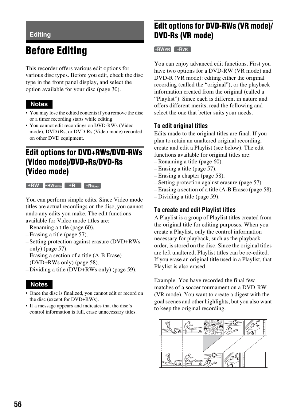 Editing, Before editing | Sony RDR-GX255 User Manual | Page 56 / 128