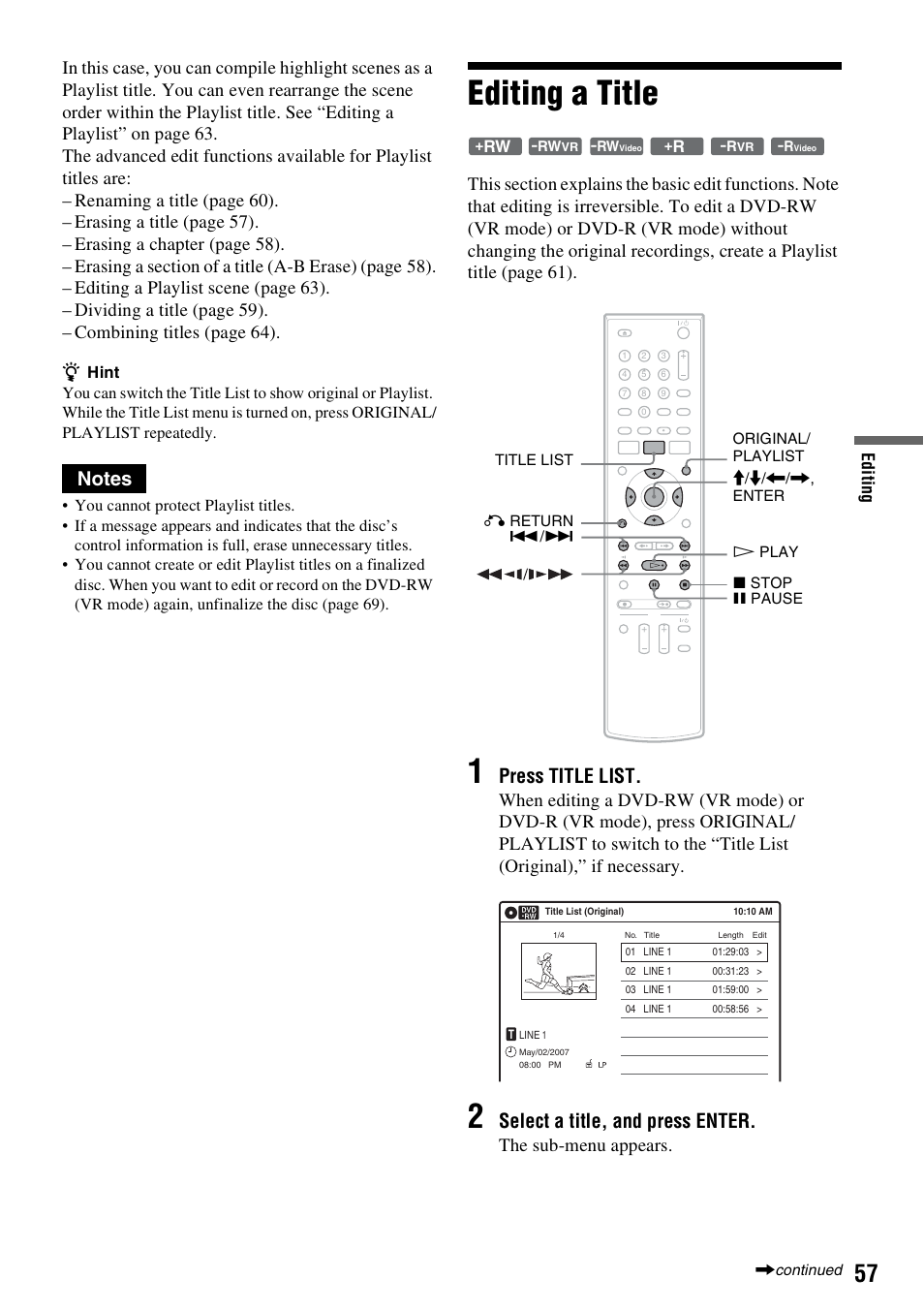 Editing a title, Press title list, Select a title, and press enter | The sub-menu appears, Edi ting | Sony RDR-GX255 User Manual | Page 57 / 128