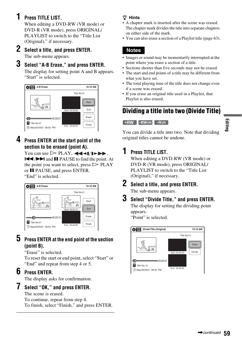 Dividing a title into two (divide title), Press title list, Select a title, and press enter | Select “a-b erase,” and press enter, Press enter, Select “ok,” and press enter, Select “divide title,” and press enter | Sony RDR-GX255 User Manual | Page 59 / 128