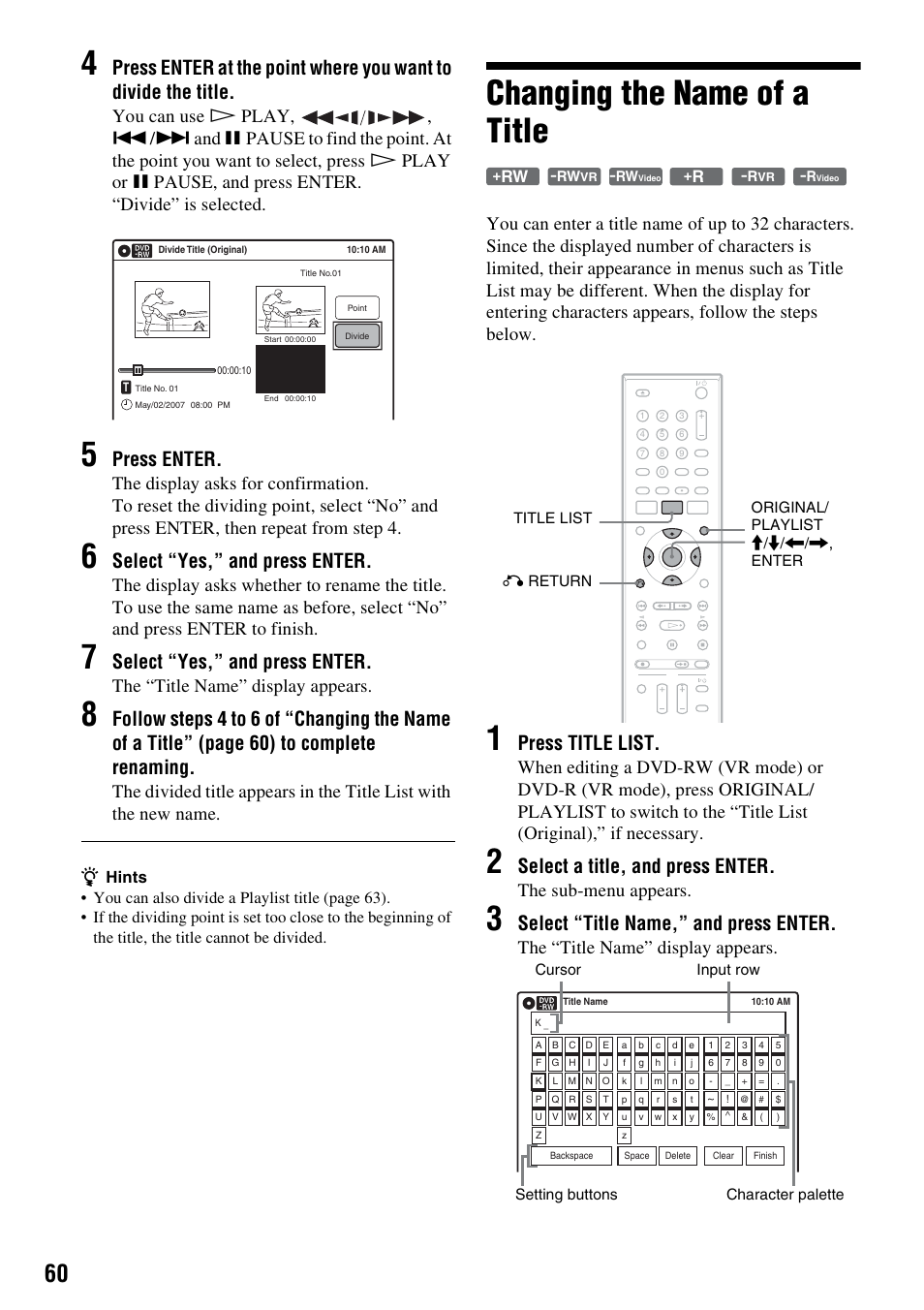 Changing the name of a title, Press enter, Select “yes,” and press enter | Press title list, Select a title, and press enter, Select “title name,” and press enter, The “title name” display appears, The sub-menu appears | Sony RDR-GX255 User Manual | Page 60 / 128