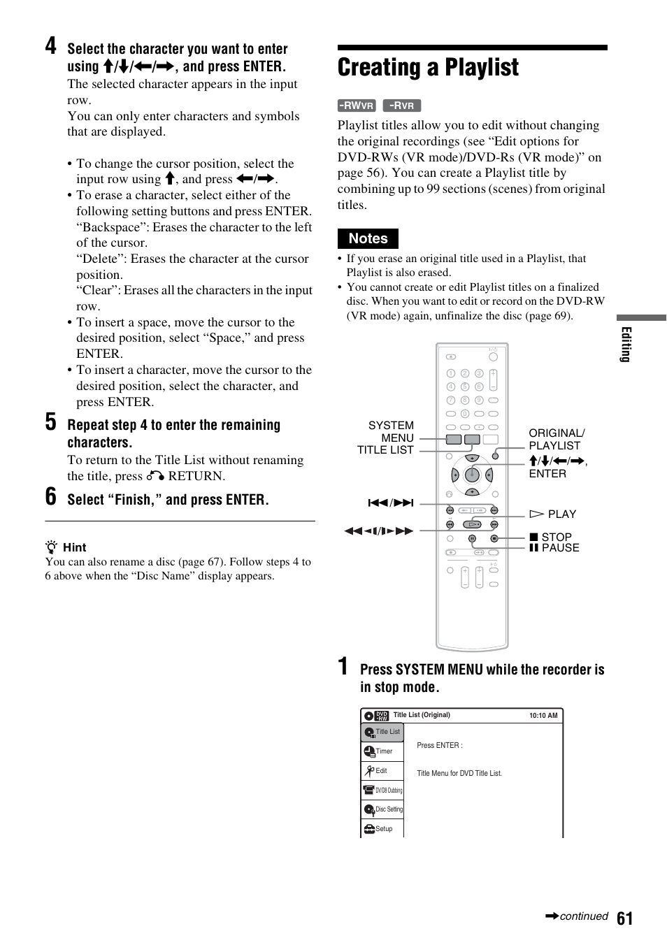 Creating a playlist, Repeat step 4 to enter the remaining characters, Select “finish,” and press enter | Sony RDR-GX255 User Manual | Page 61 / 128