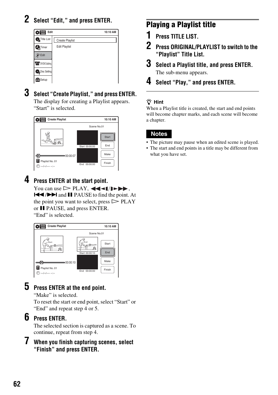 Playing a playlist title, Select “edit,” and press enter, Select “create playlist,” and press enter | Press enter at the start point, Press enter at the end point, Press enter, Press title list, Select a playlist title, and press enter, Select “play,” and press enter | Sony RDR-GX255 User Manual | Page 62 / 128