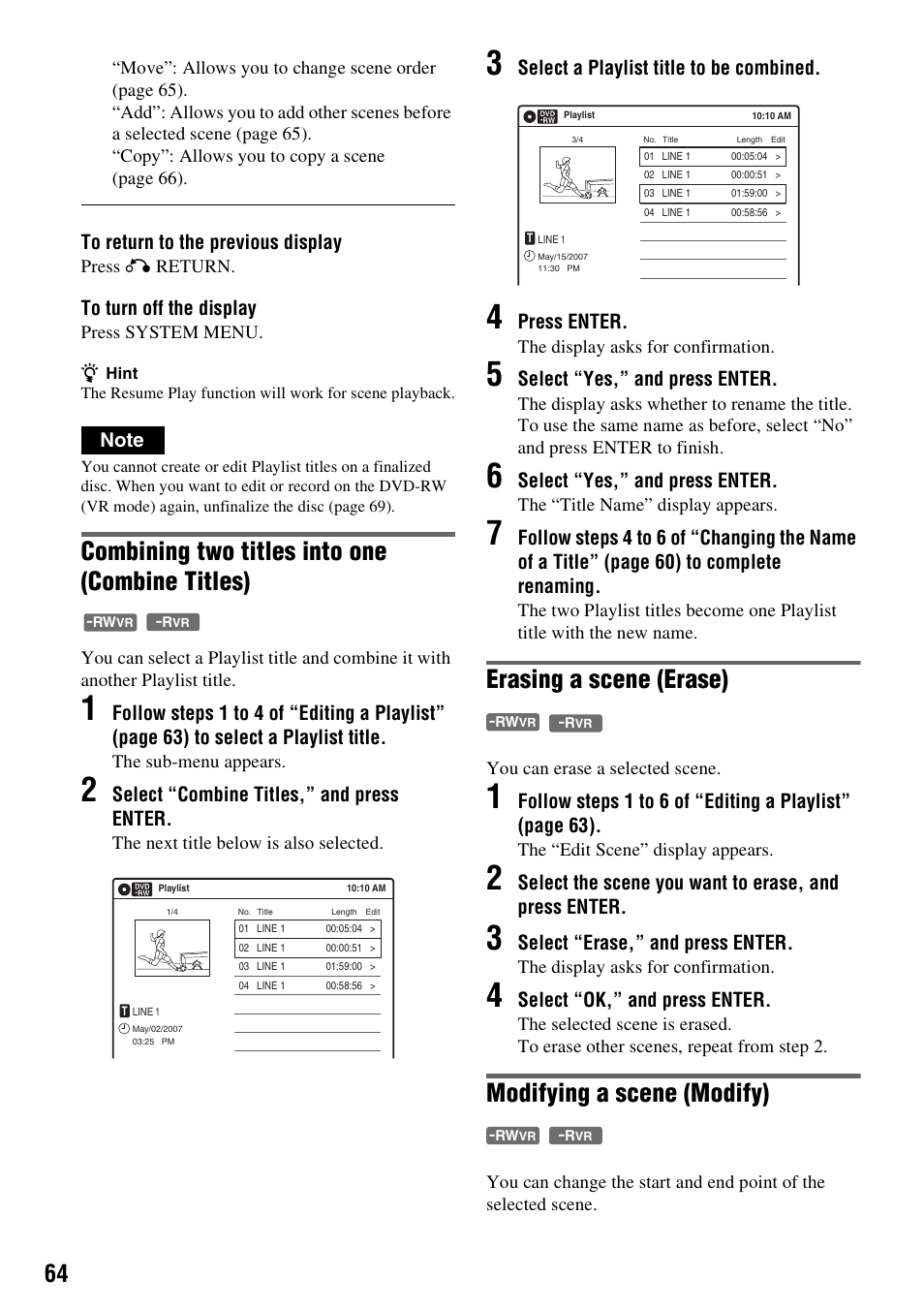 Combining two titles into one (combine titles), Erasing a scene (erase), Modifying a scene (modify) | Select “combine titles,” and press enter, Select a playlist title to be combined, Press enter, Select “yes,” and press enter, Select “erase,” and press enter, Select “ok,” and press enter | Sony RDR-GX255 User Manual | Page 64 / 128