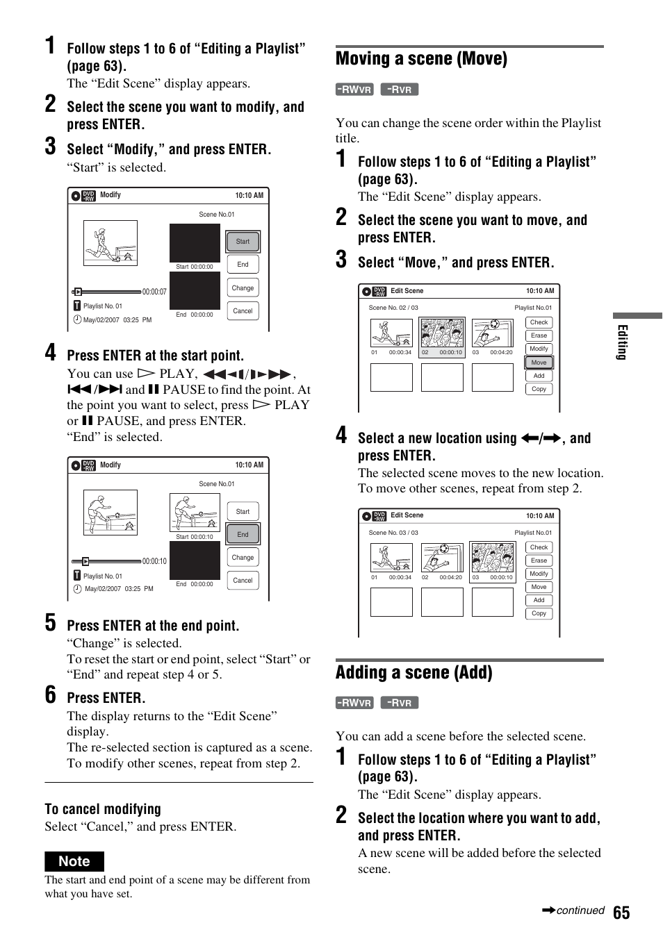 Moving a scene (move), Adding a scene (add), Select “modify,” and press enter | Press enter at the start point, Press enter at the end point, Press enter, Select the scene you want to move, and press enter, Select “move,” and press enter, The “edit scene” display appears, Start” is selected | Sony RDR-GX255 User Manual | Page 65 / 128