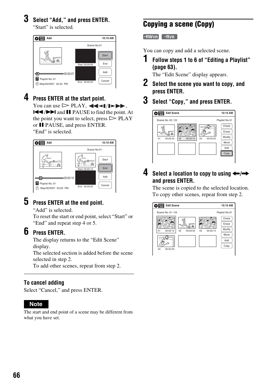 Copying a scene (copy), Select “add,” and press enter, Press enter at the start point | Press enter at the end point, Press enter, Select the scene you want to copy, and press enter, Select “copy,” and press enter, Start” is selected, Select “cancel,” and press enter, You can copy and add a selected scene | Sony RDR-GX255 User Manual | Page 66 / 128