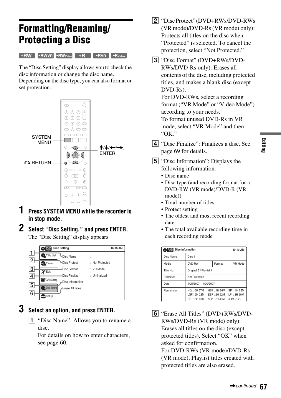 Formatting/renaming/protecting a disc, Formatting/renaming/ protecting a disc, Select “disc setting,” and press enter | The “disc setting” display appears | Sony RDR-GX255 User Manual | Page 67 / 128