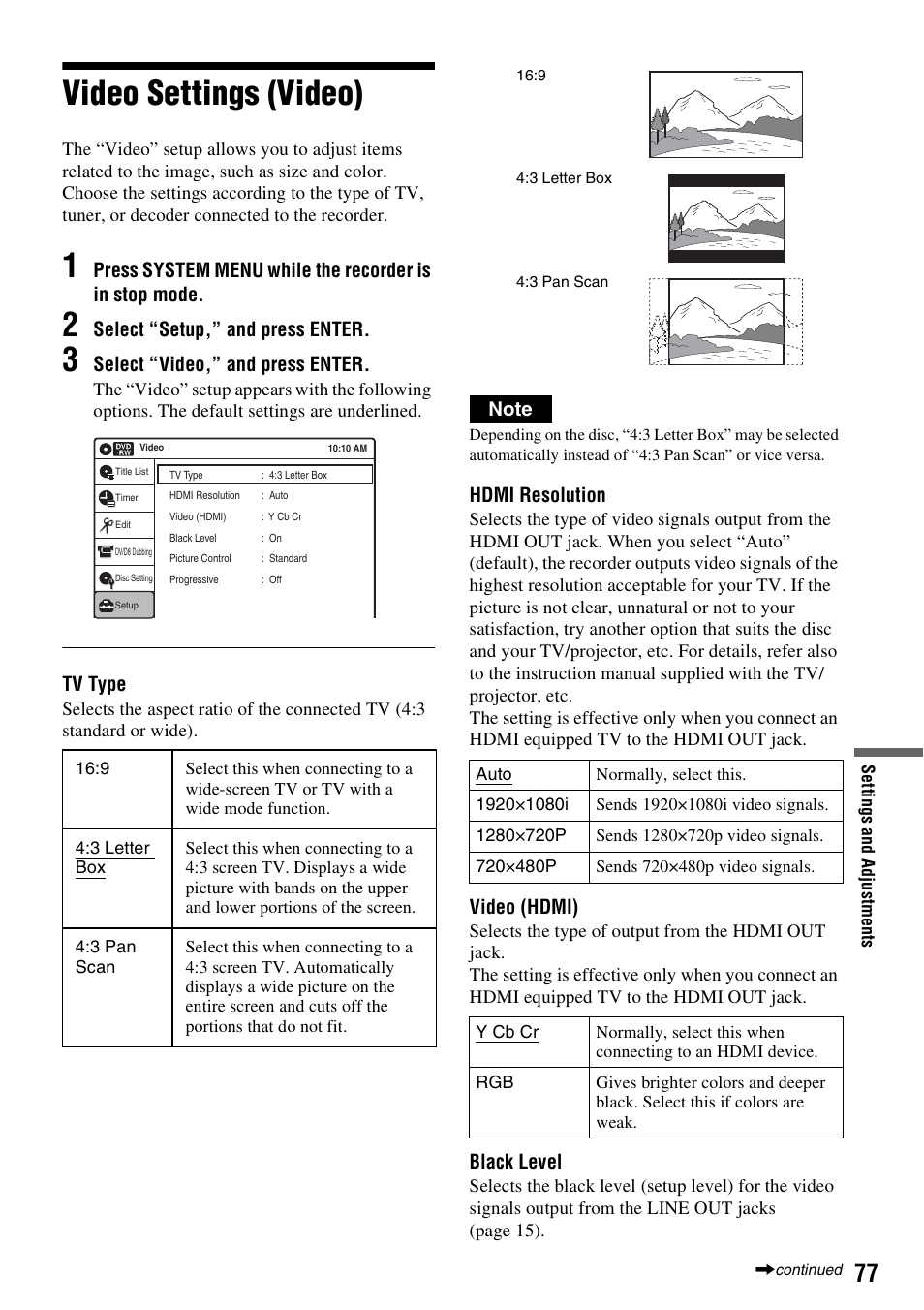 Video settings (video) | Sony RDR-GX255 User Manual | Page 77 / 128