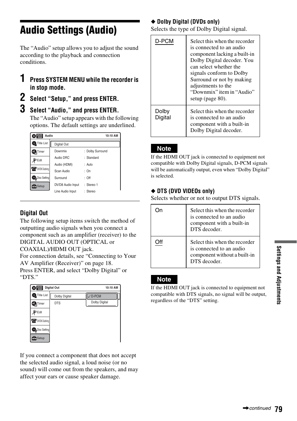 Audio settings (audio), Select “setup,” and press enter, Select “audio,” and press enter | Digital out | Sony RDR-GX255 User Manual | Page 79 / 128