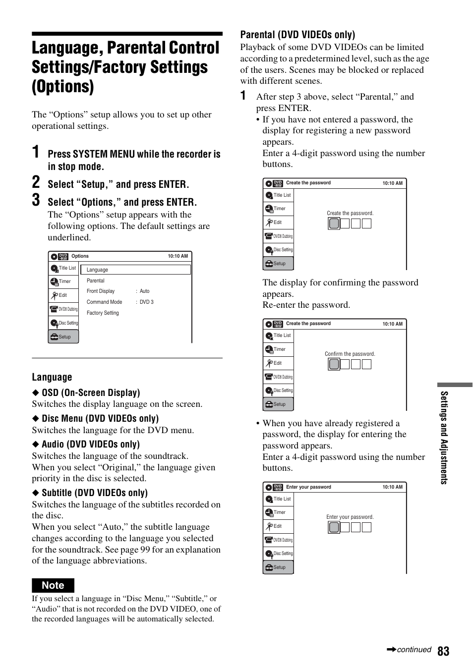 Select “setup,” and press enter, Select “options,” and press enter, Language | Parental (dvd videos only) | Sony RDR-GX255 User Manual | Page 83 / 128