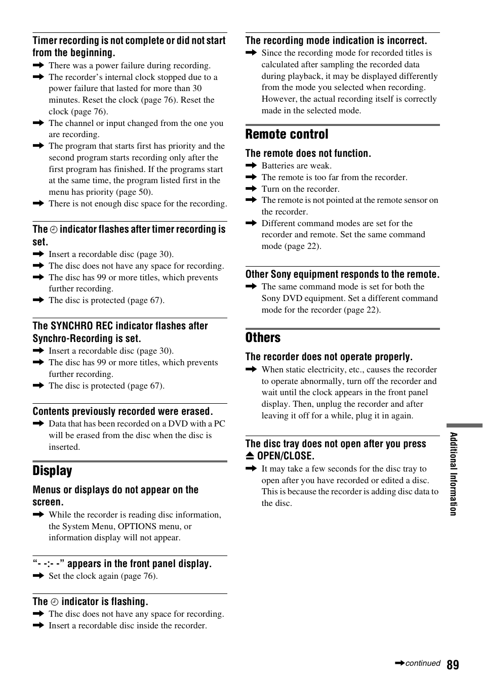 Display, Remote control, Others | Sony RDR-GX255 User Manual | Page 89 / 128