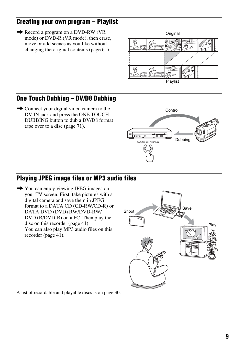 Creating your own program – playlist, One touch dubbing – dv/d8 dubbing, Playing jpeg image files or mp3 audio files | Sony RDR-GX255 User Manual | Page 9 / 128