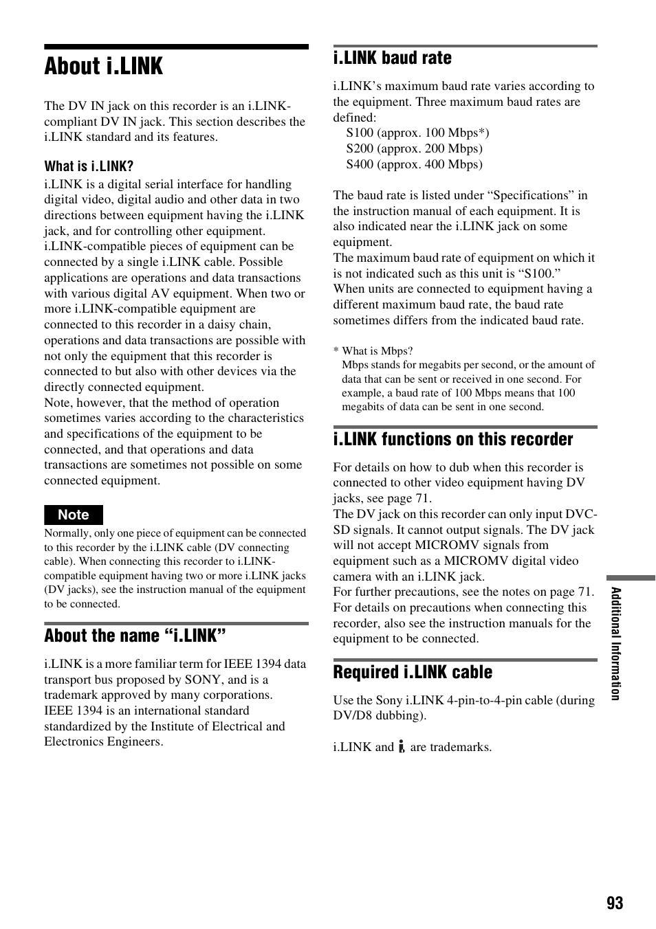 About i.link, About the name “i.link, I.link baud rate | I.link functions on this recorder, Required i.link cable | Sony RDR-GX255 User Manual | Page 93 / 128