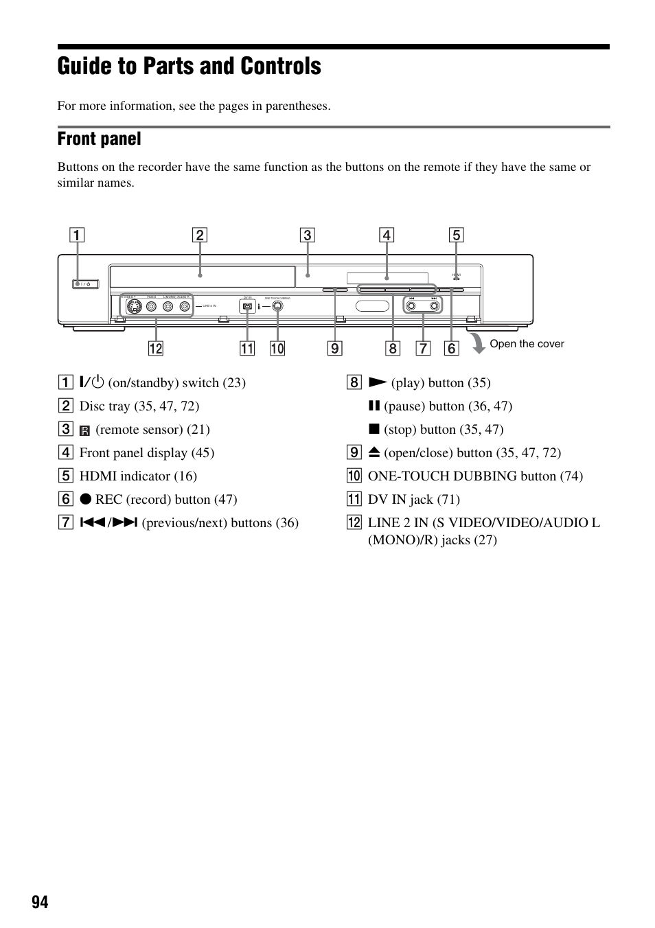 Guide to parts and controls, Front panel, For more information, see the pages in parentheses | Sony RDR-GX255 User Manual | Page 94 / 128