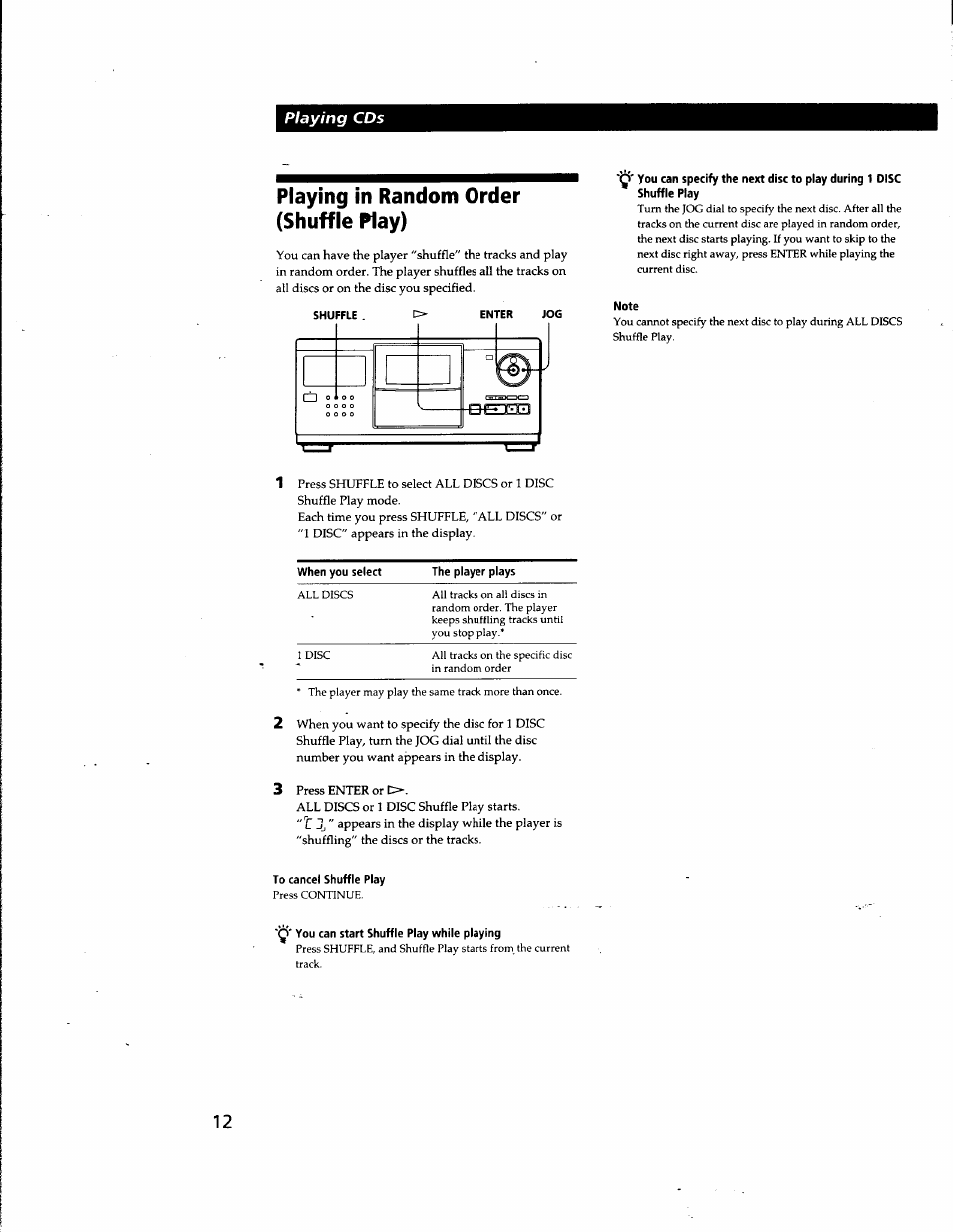 Playing in random order (shuffle play), Note, To cancel shuffle play | You can start shuffle play while playing, Playing cds | Sony CDP-CX681 User Manual | Page 12 / 18