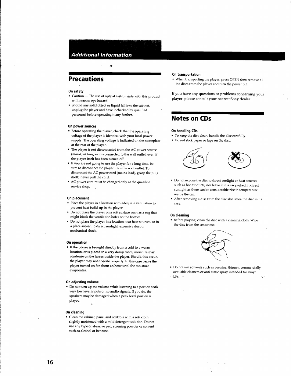 Precautions, On safety, On power sources | On placement, On operation, On adjusting volume, On cleaning, On transportation, Notes on cds, On handling cds | Sony CDP-CX681 User Manual | Page 16 / 18