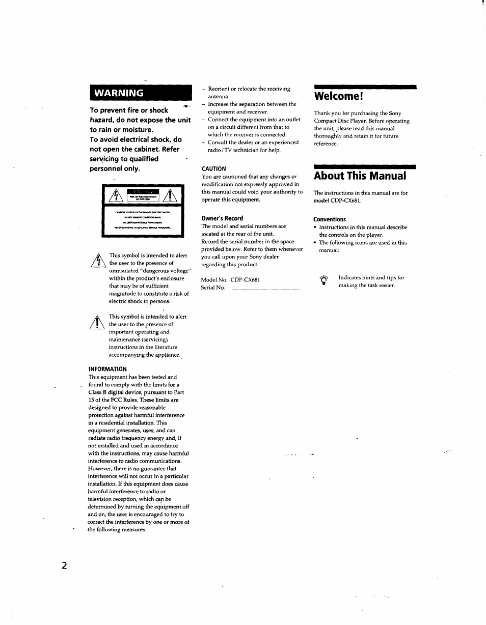 Information, Caution, Owner's record | Welcome, About this manual, Conventions, Warning | Sony CDP-CX681 User Manual | Page 2 / 18
