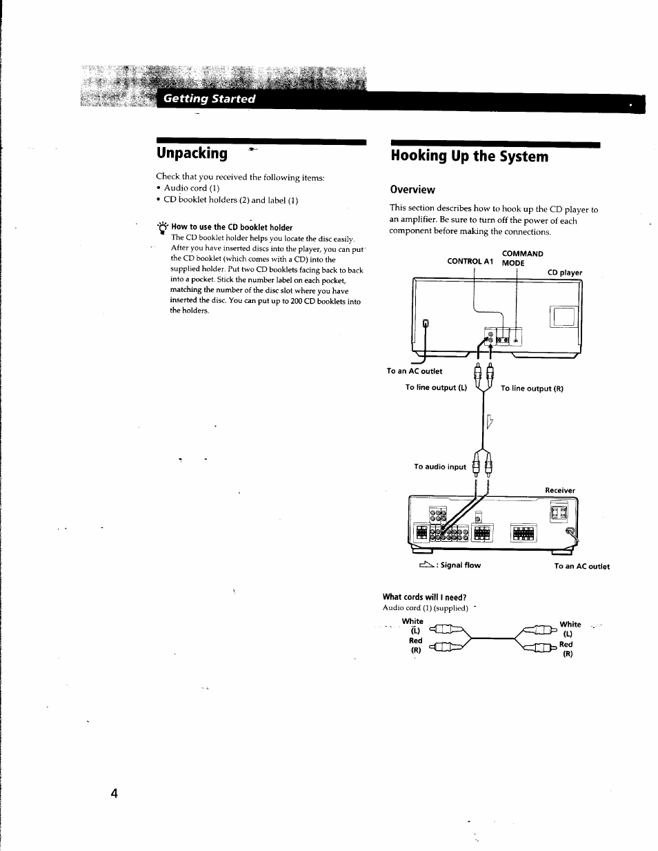 How to use the cd booklet holder, Hooking up the system, What cords will i need | Irxai, Unpacking | Sony CDP-CX681 User Manual | Page 4 / 18