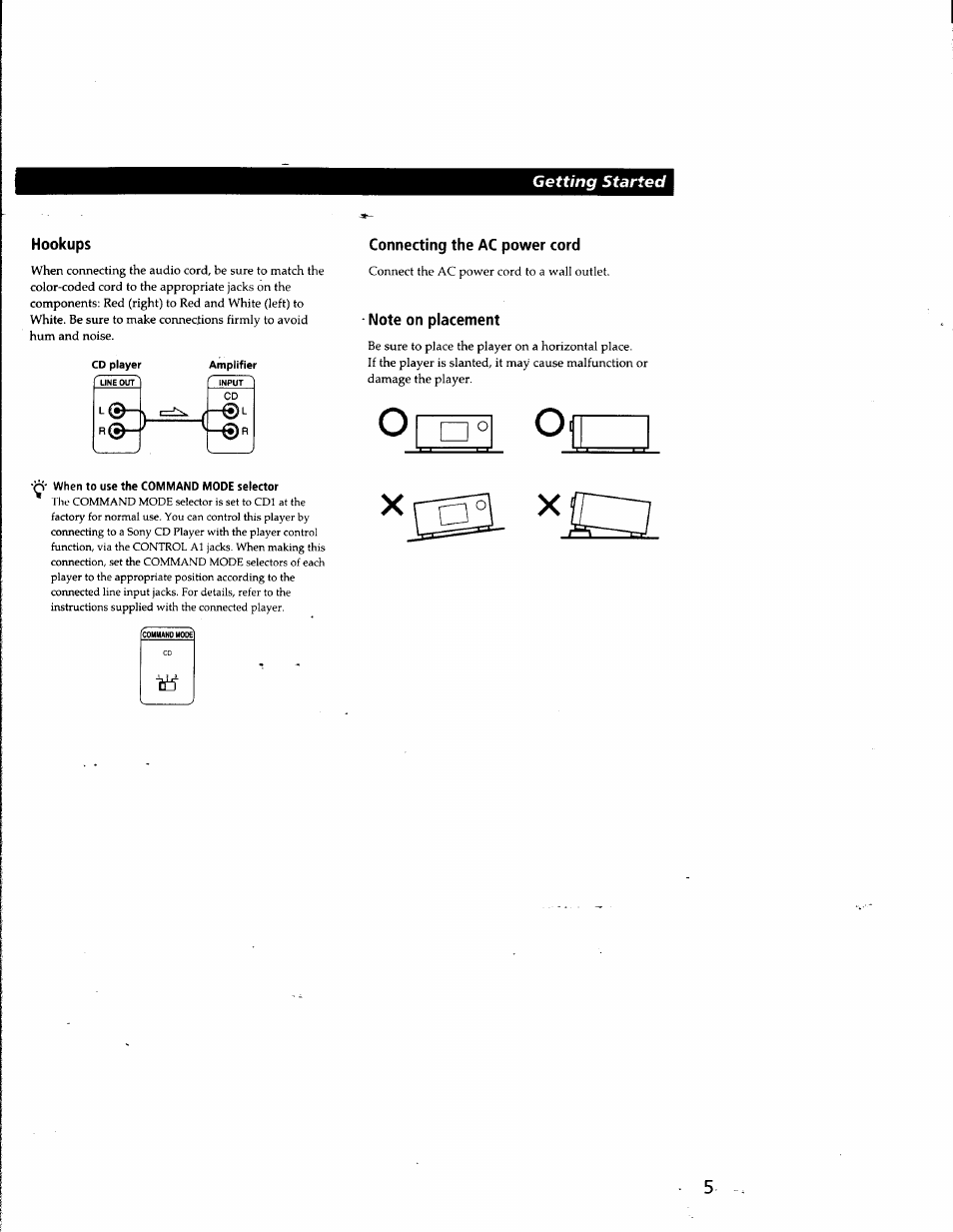 Hookups, Connecting the ac power cord, Note on placement | Sony CDP-CX681 User Manual | Page 5 / 18