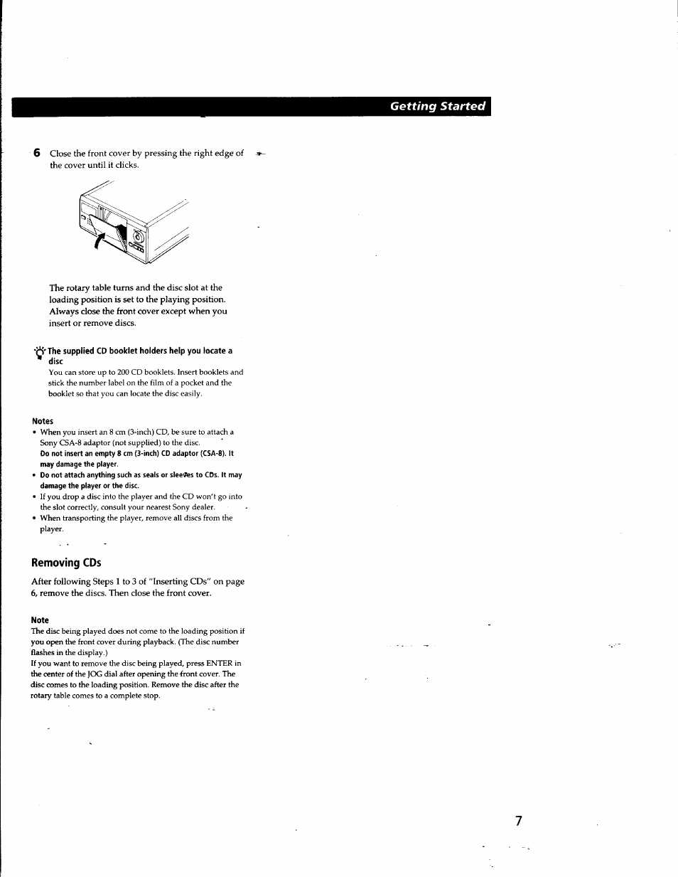 Notes, Removing cds, Note | Getting started | Sony CDP-CX681 User Manual | Page 7 / 18