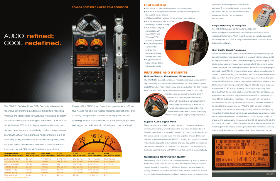 Audio refined; cool redefined, Highlights, Features and benefits | Sony PCM-D1 User Manual | Page 2 / 3