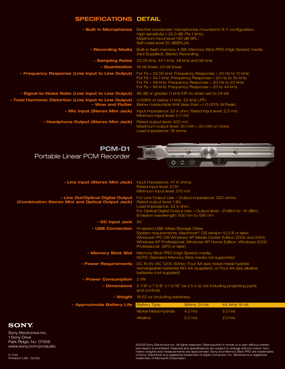 Pcm-d1 portable linear pcm recorder, Specifications detail | Sony PCM-D1 User Manual | Page 3 / 3