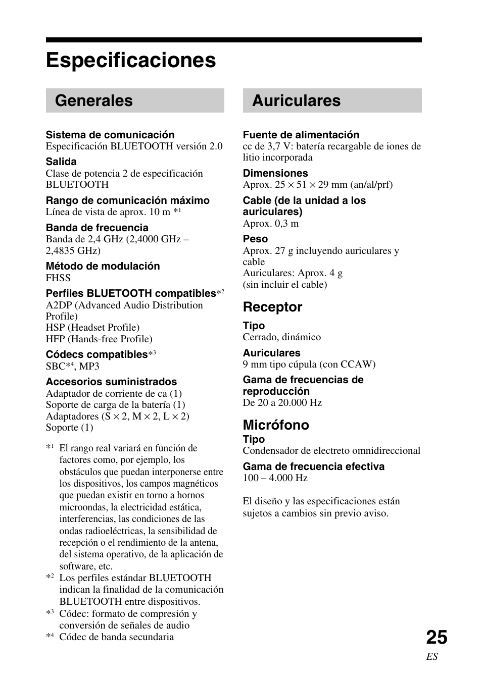 Especificaciones, Generales, Auriculares | Receptor, Micrófono | Sony DR-BT10CX User Manual | Page 49 / 52